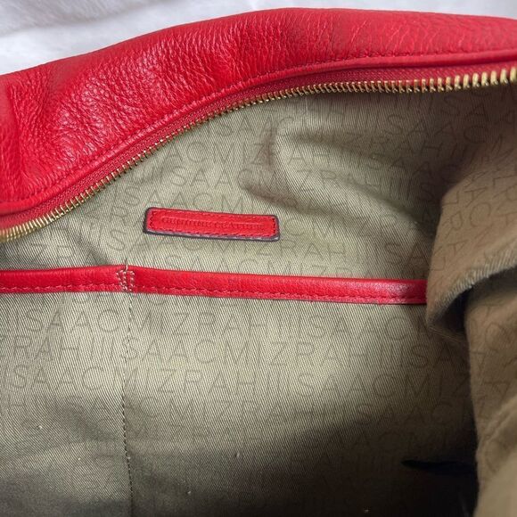 Isaac Mizrahi leather blood orange red shoulder bag with brown trims. - Picture 10 of 13